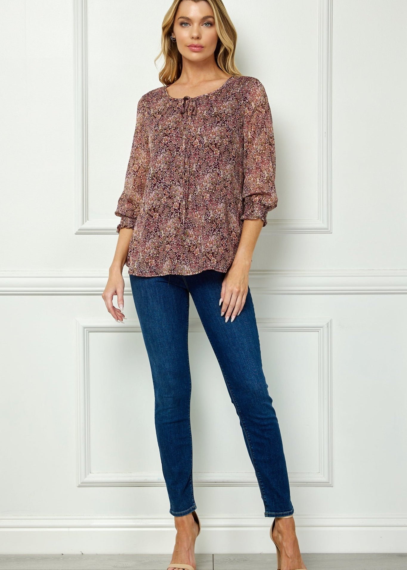 Burgundy Floral 3/4 Sleeve Blouse - DressbarnShirts & Blouses