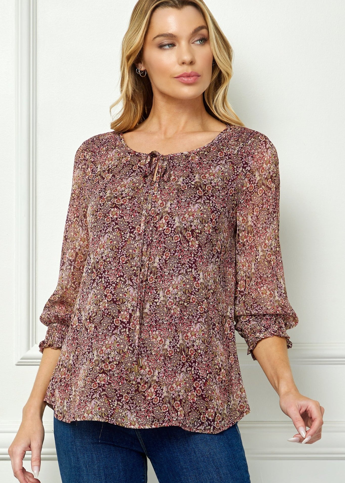 Burgundy Floral 3/4 Sleeve Blouse - DressbarnShirts & Blouses