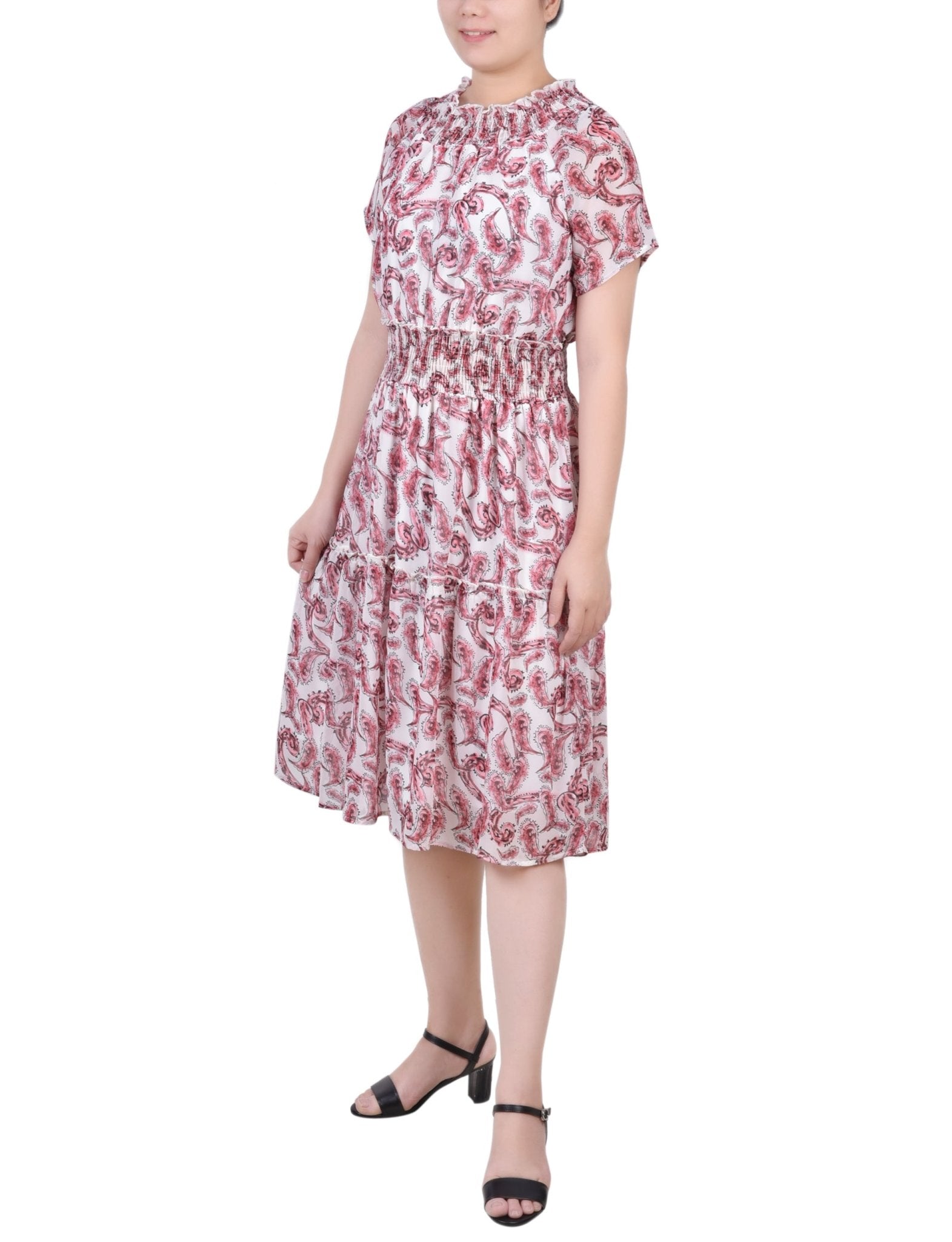Burgundy Paisley Floral Short Sleeve Smocked Waist Dress - Petite - DressbarnKnee Length & Midi Dresses
