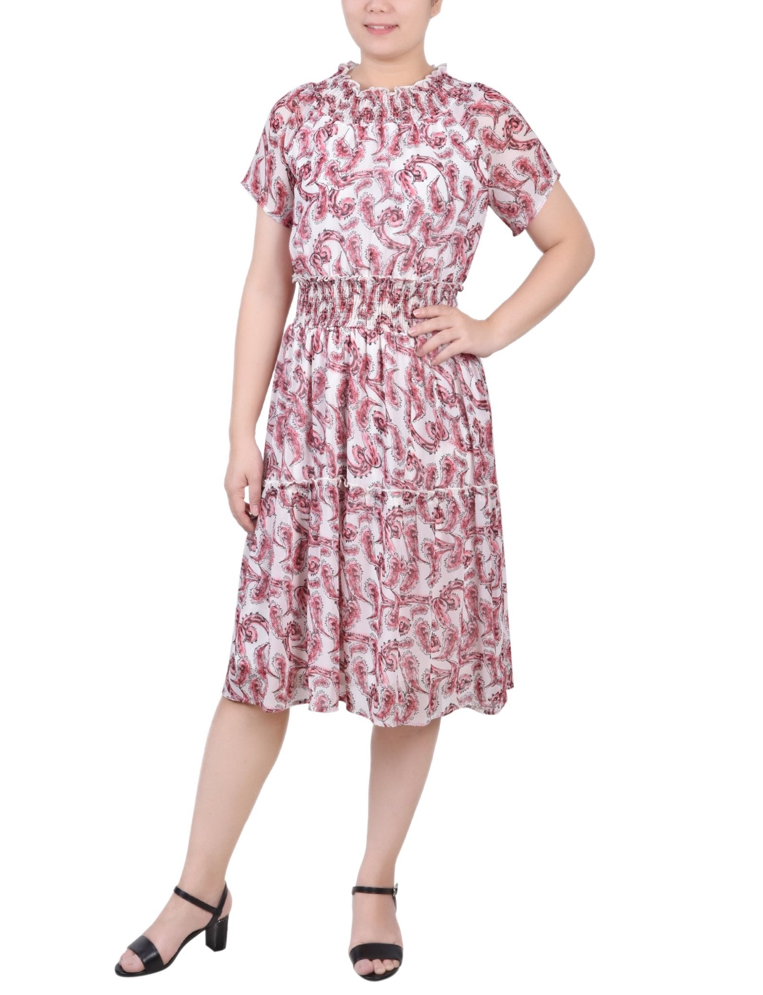 Burgundy Paisley Floral Short Sleeve Smocked Waist Dress - Petite - DressbarnKnee Length & Midi Dresses