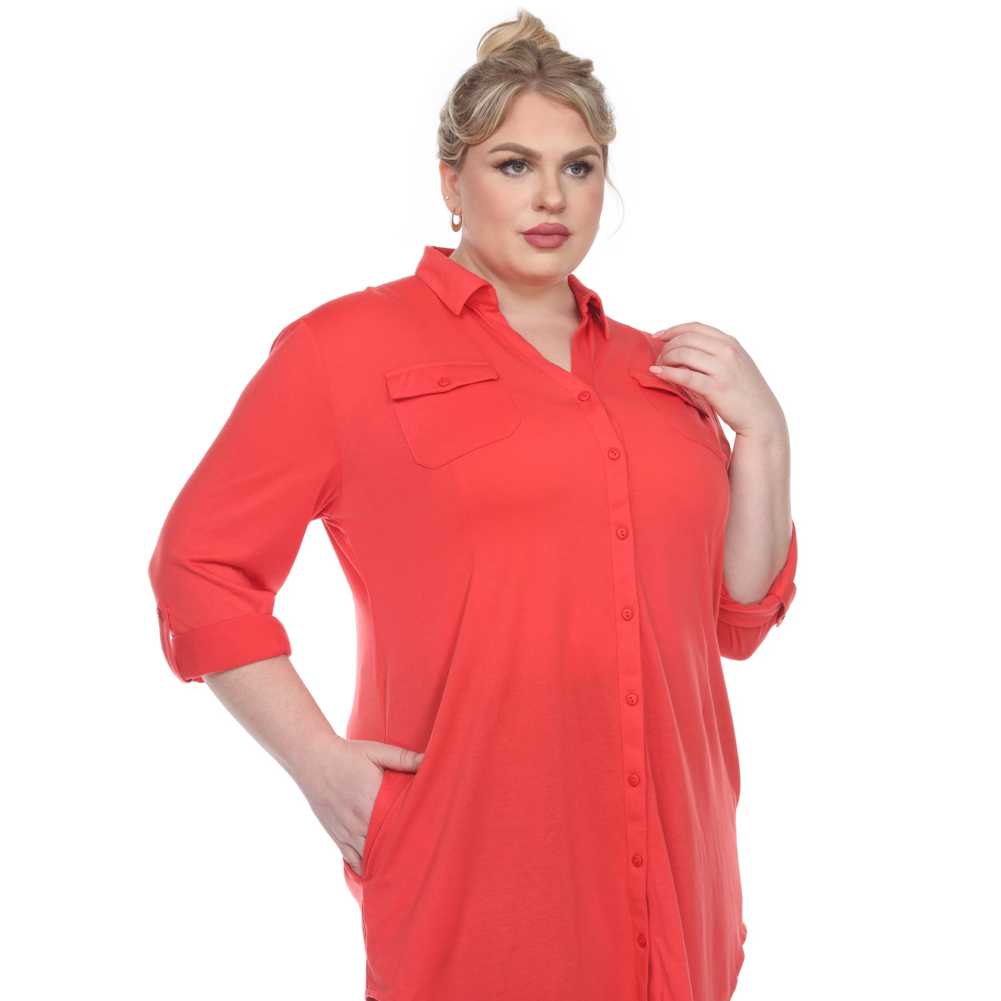Button Down Stretchy Tunic - Plus - DressbarnShirts & Blouses
