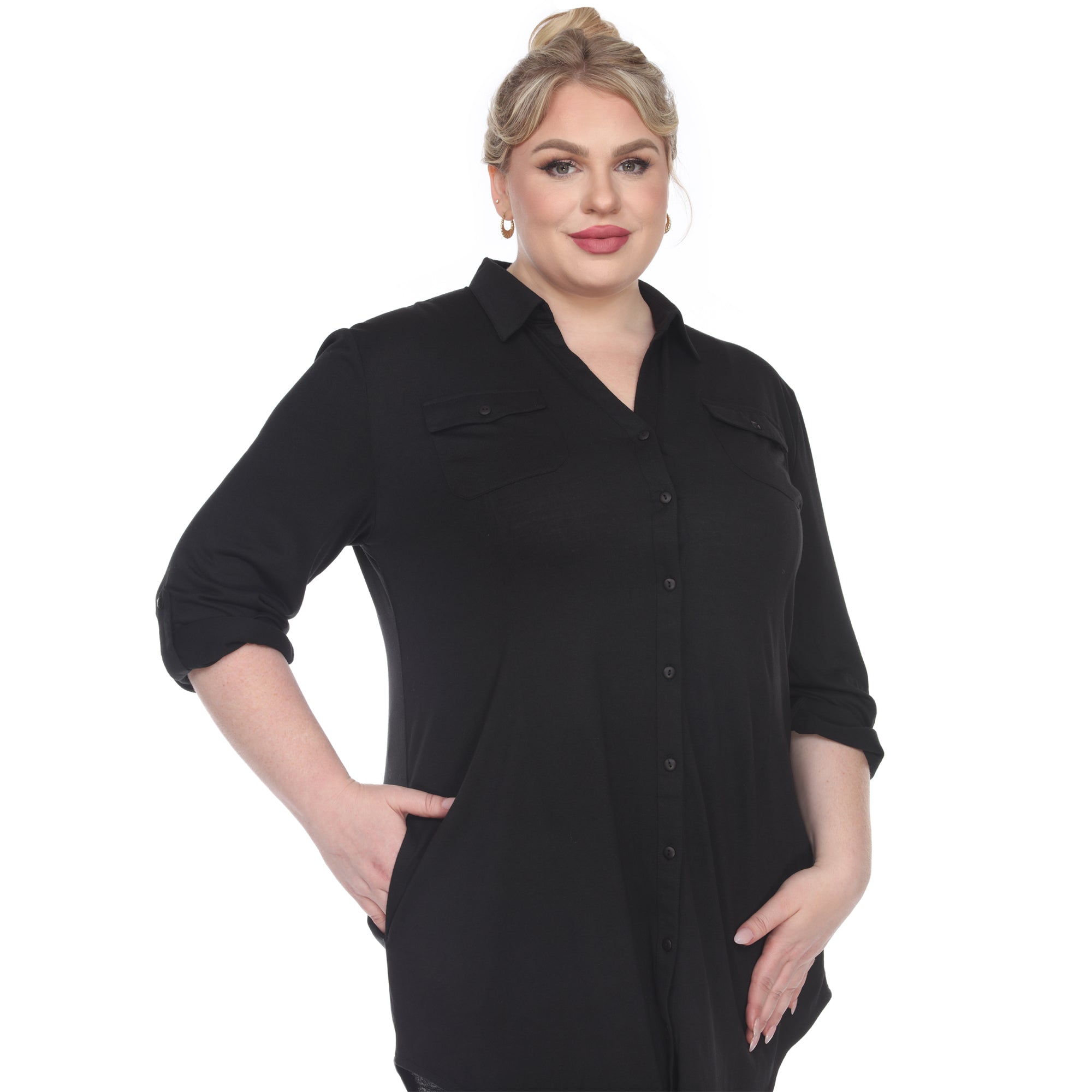 Button Down Stretchy Tunic - Plus - DressbarnShirts & Blouses