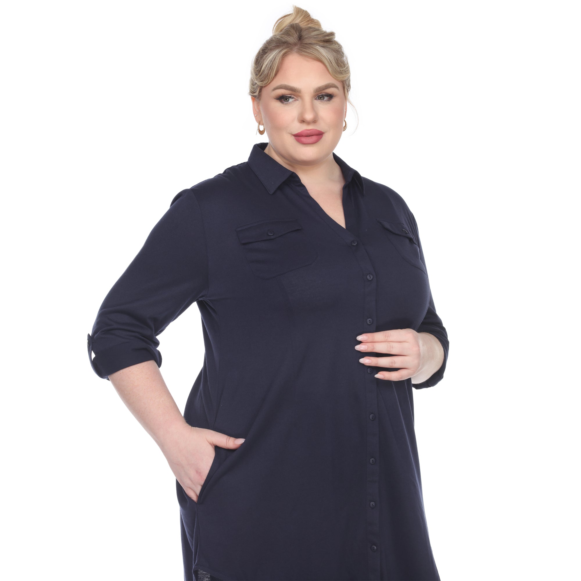 Button Down Stretchy Tunic - Plus - DressbarnShirts & Blouses