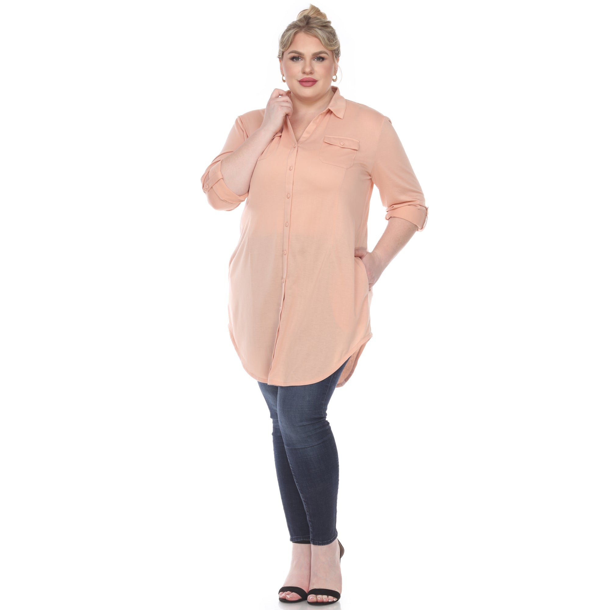 Button Down Stretchy Tunic - Plus - DressbarnShirts & Blouses
