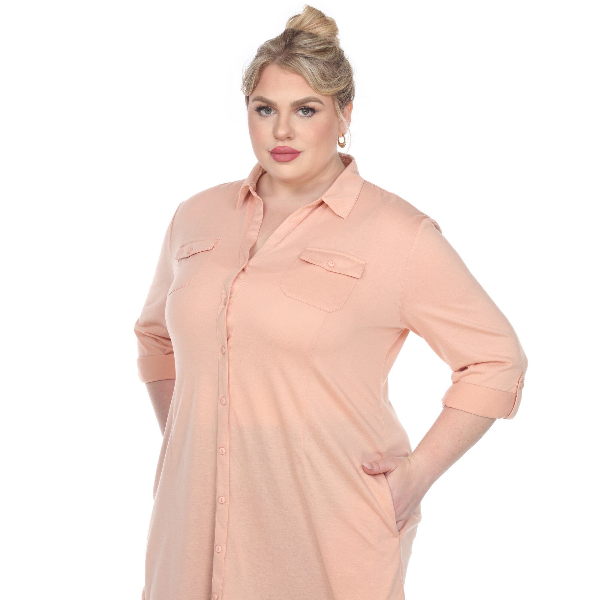Button Down Stretchy Tunic - Plus - DressbarnShirts & Blouses