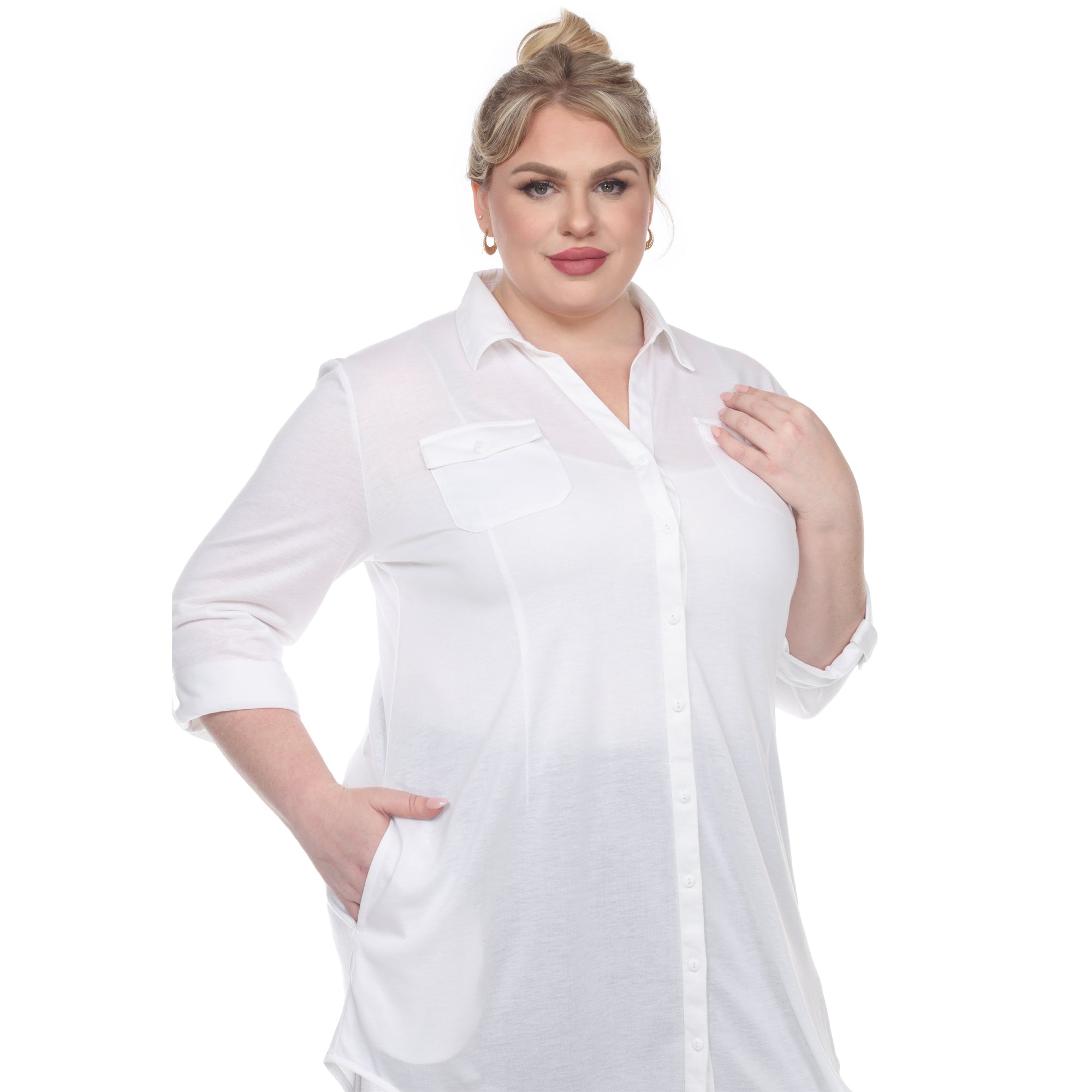 Button Down Stretchy Tunic - Plus - DressbarnShirts & Blouses