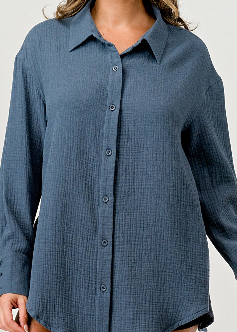 Button front long sleeve slit back shirt in solid gauze - DressbarnShirts & Blouses