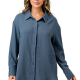 Button front long sleeve slit back shirt in solid gauze - DressbarnShirts & Blouses