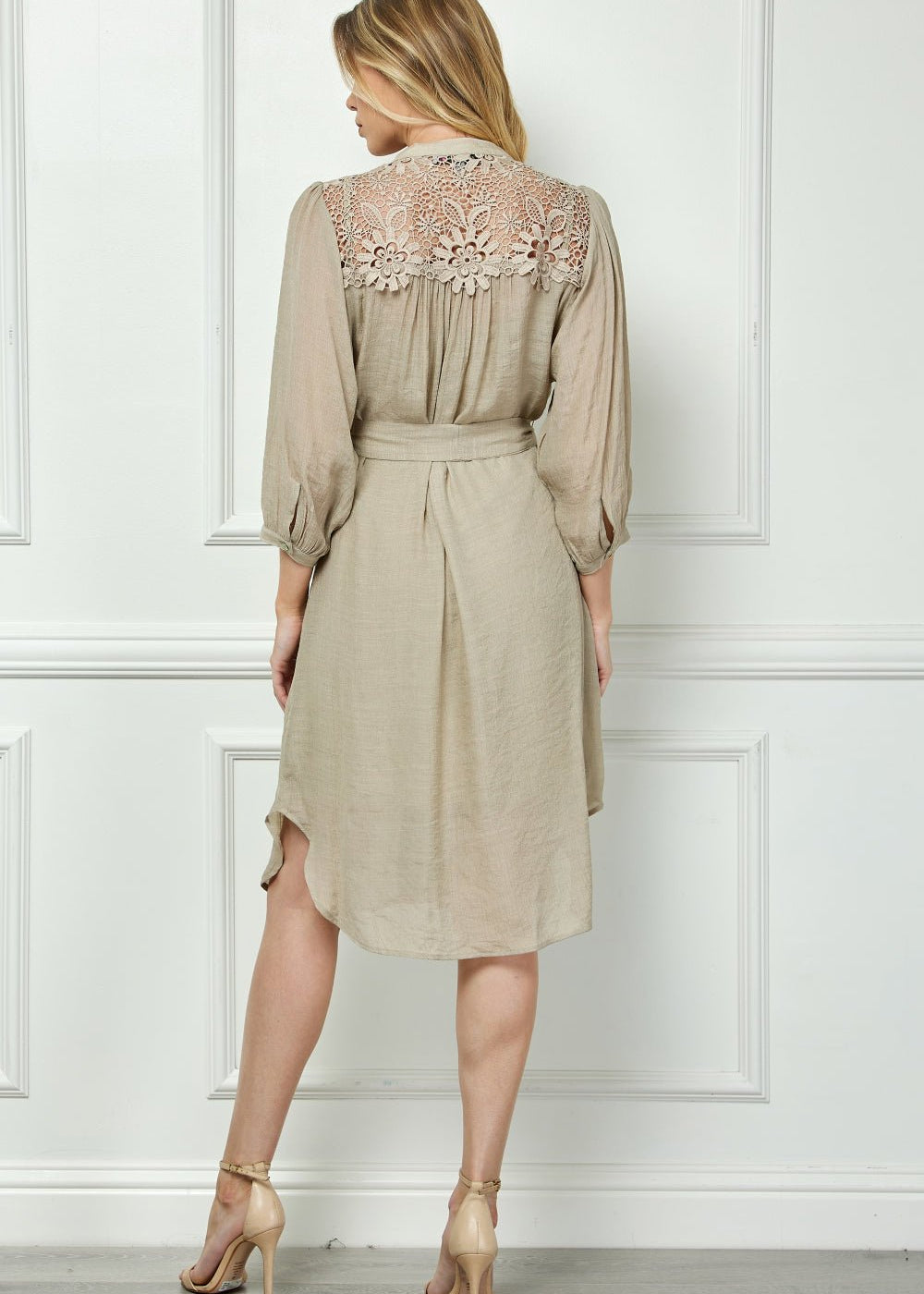 Button Front Yoke Neck Dress With Lace Shoulders - DressbarnDresses