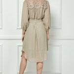 Button Front Yoke Neck Dress With Lace Shoulders - DressbarnDresses