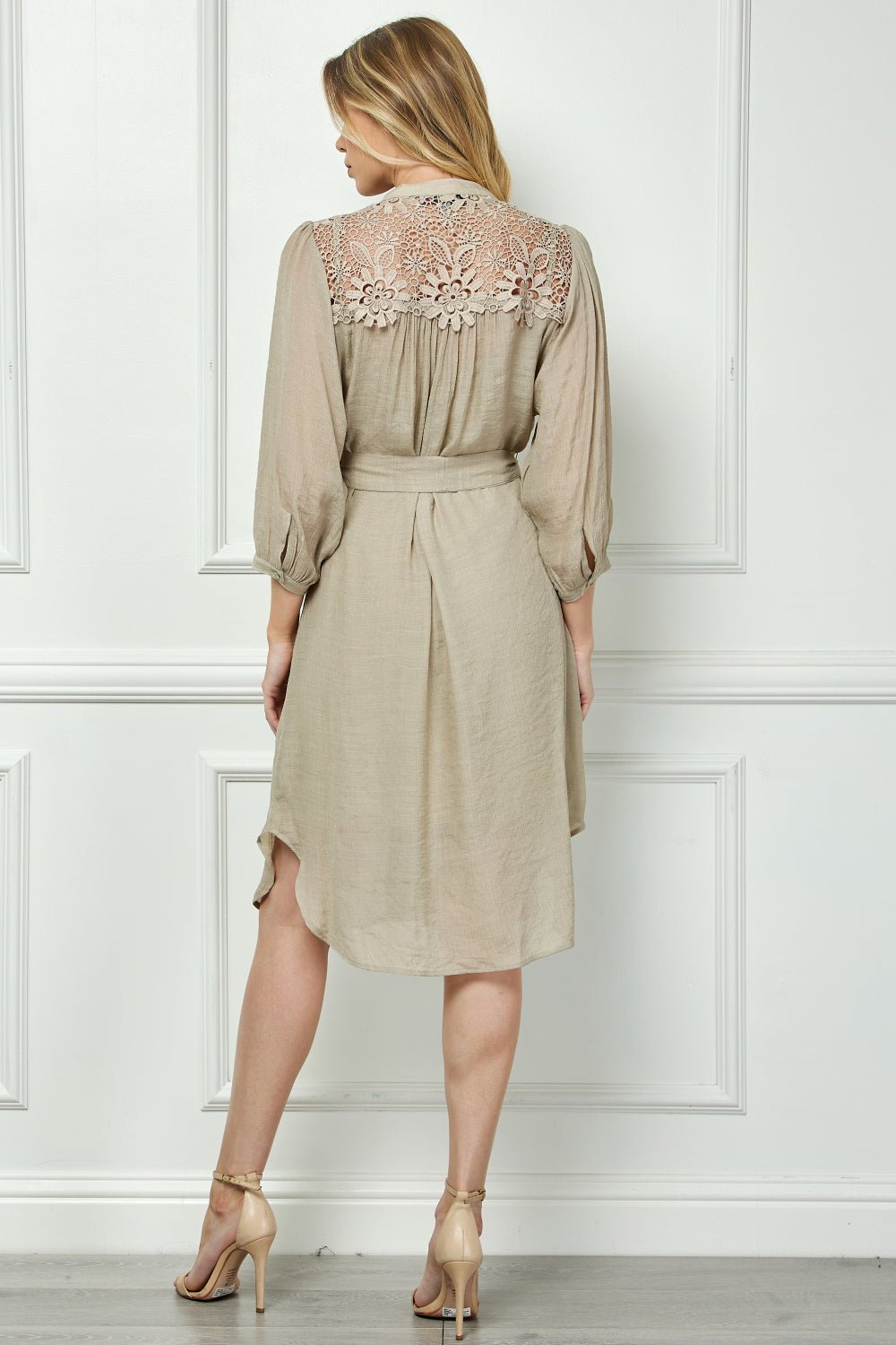 Button Front Yoke Neck Dress With Lace Shoulders - DressbarnDresses