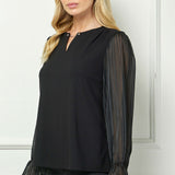 Long Ruffle Sleeve Cutout Removable Trim Fromt Boat Neck Mix Media Blouse
