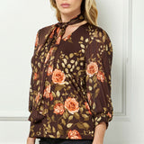 3/4 Band Sleeve V-Neck Mix Media Blouse with Scarf
