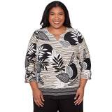 Alfred Dunner Tropical Leaf Border Print Split Neck Top - Plus
