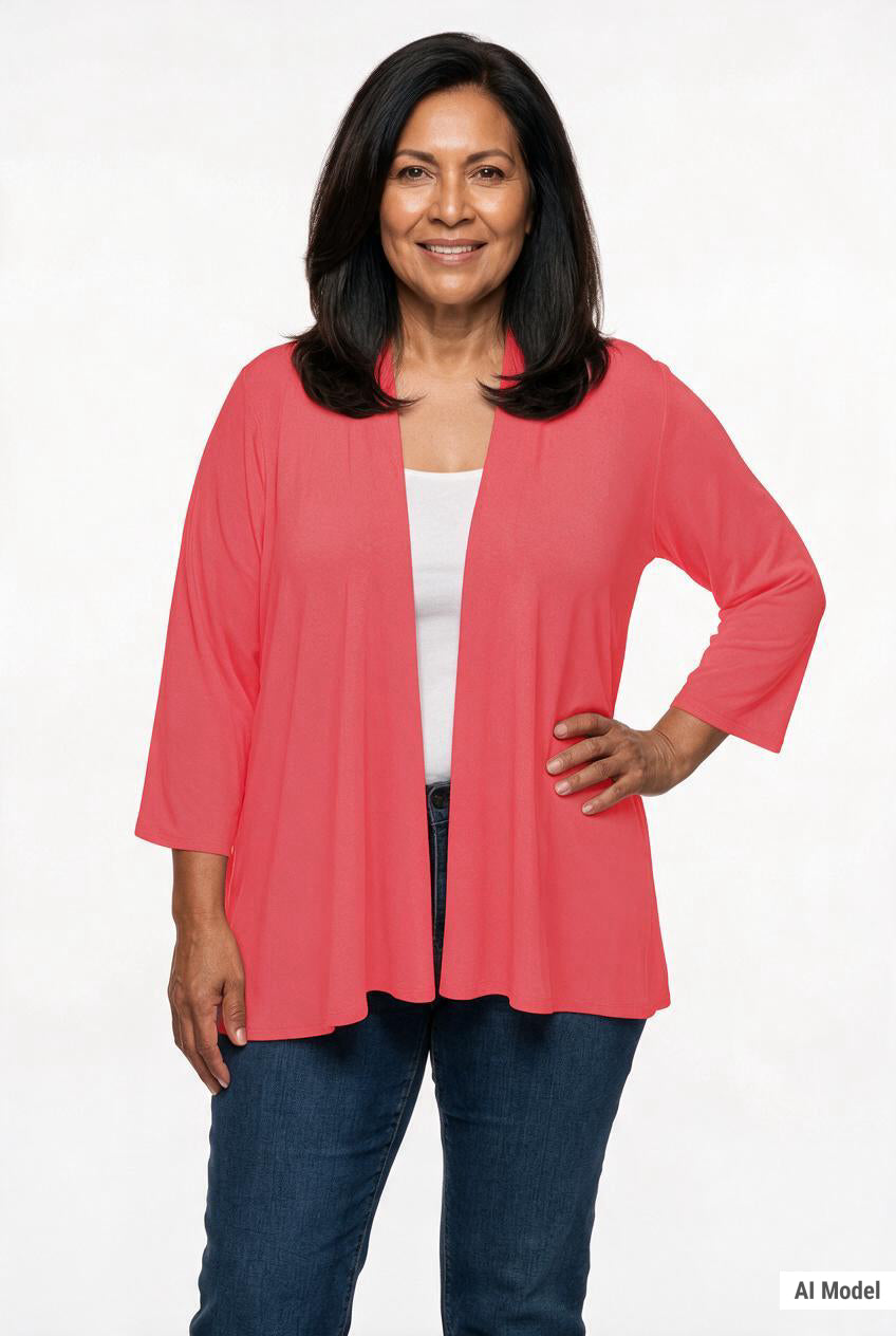 Coral open-front cardigan with 3/4 sleeves on a plus-size model wearing jeans, front view, waist-up shot.