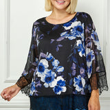 3/4 Flare Lace Trim Sleeve Scoop Neck Peekaboo Lace Trim Lining Mix Media Blouse - Plus