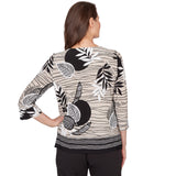 Alfred Dunner Tropical Leaf Border Print Split Neck Top- Petite