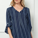 3/4 Button Tab Sleeve Button Placket Front V-Neck Popover Blouse