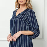 3/4 Button Tab Sleeve Button Placket Front V-Neck Popover Blouse
