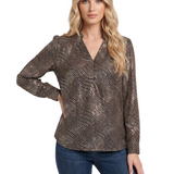 NY Collection Petite Long Sleeve V Neck Blouse With Metallic Print