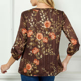 3/4 Button Tab Sleeve Mandarin Collar Button Front Placket Popover Lined Blouse with Lurex and Brown Studs