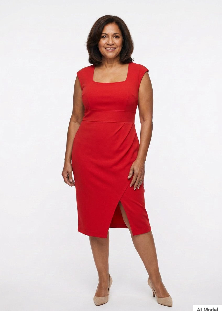 Red sleeveless square-neck sheath dress with high-waist band, faux-wrap pleating, and front slit, on a plus-size model, full