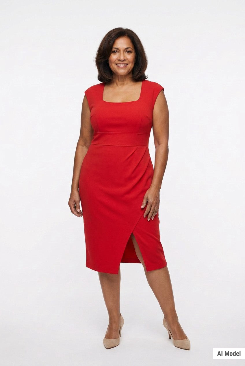 Red sleeveless square-neck sheath dress with high-waist band, faux-wrap pleating, and front slit, on a plus-size model, full