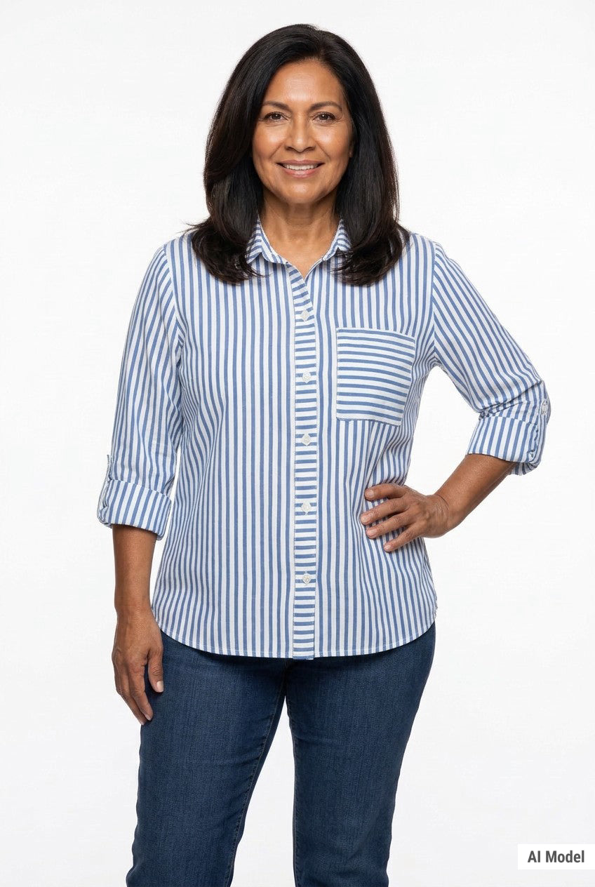 Woman wearing a blue and white striped 3/4 roll-tab sleeve button-front blouse with chest pocket, front view, waist-up shot.
