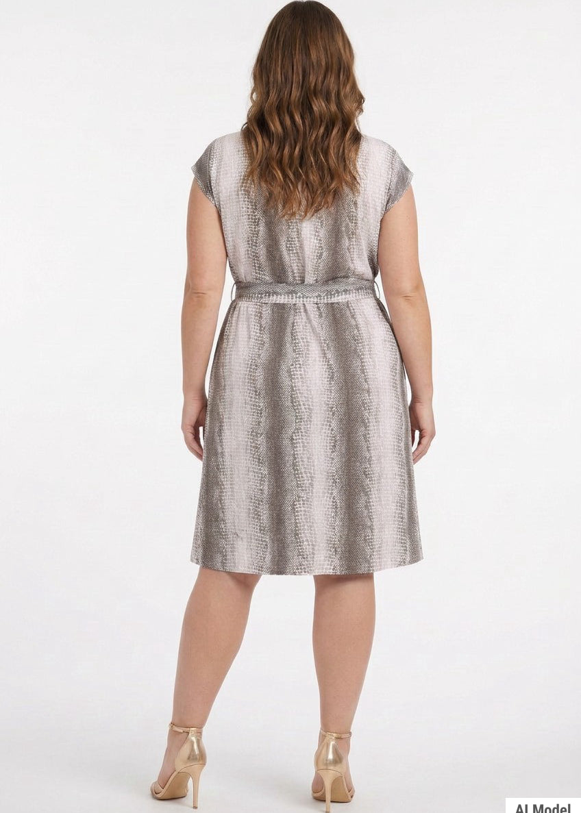 Plus-size model shown from back wearing a sleeveless belted knee-length dress in taupe snake print with a self-tie waist