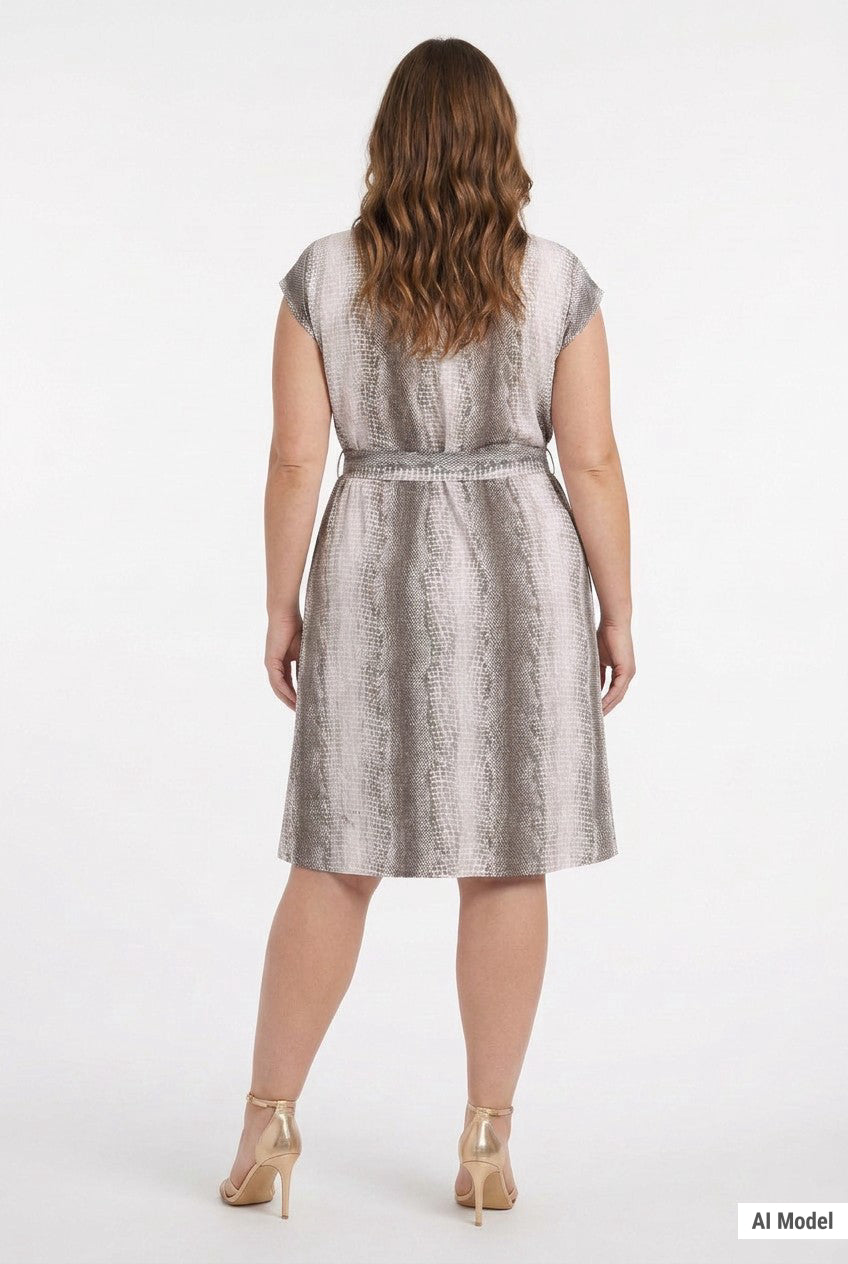 Plus-size model shown from back wearing a sleeveless belted knee-length dress in taupe snake print with a self-tie waist