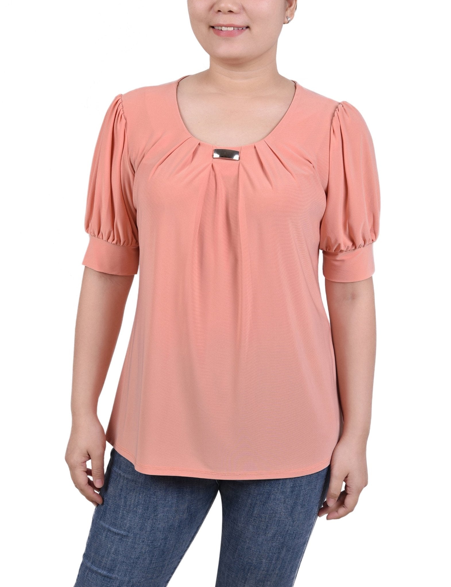 Canyon Sunset Short Sleeve Balloon Sleeve Top With Hardware - DressbarnBlouses