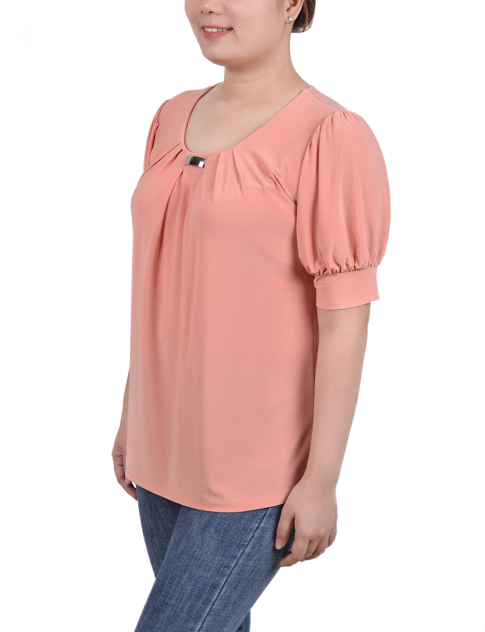 Canyon Sunset Short Sleeve Balloon Sleeve Top With Hardware - DressbarnBlouses