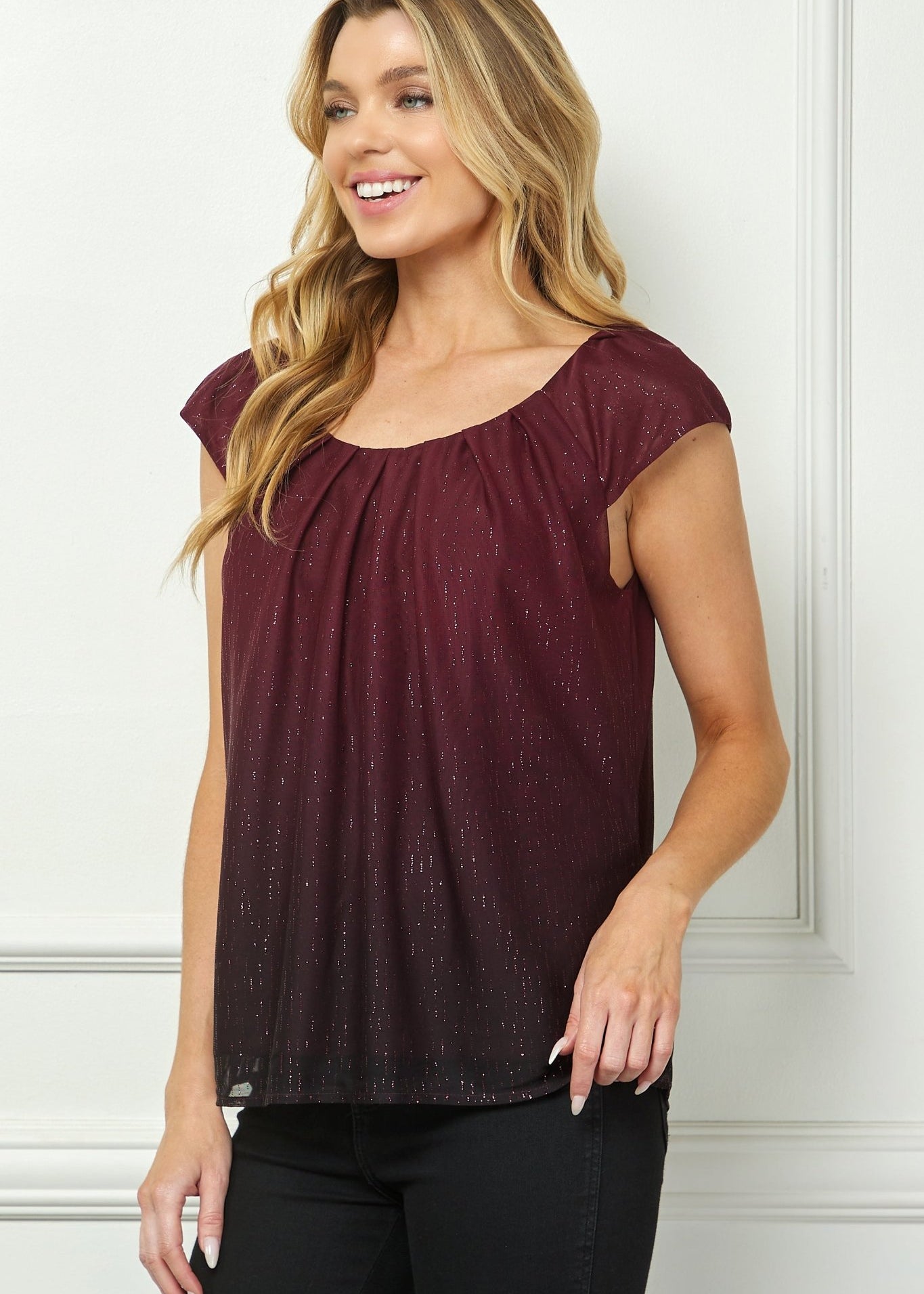 Cap Sleeve Pleat Scoop Neck Blouse, Burgundy - DressbarnBlouses