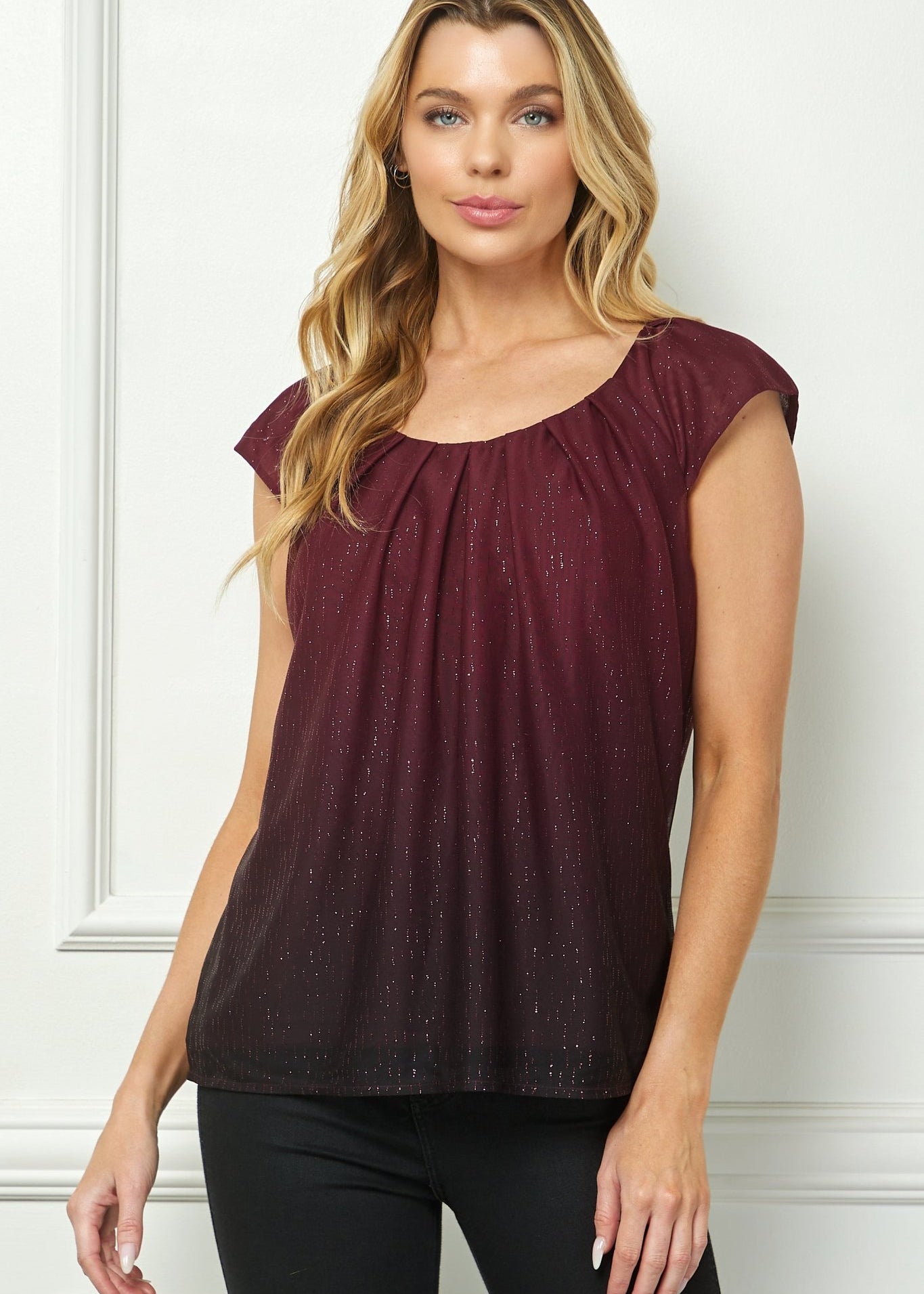 Cap Sleeve Pleat Scoop Neck Blouse, Burgundy - DressbarnBlouses