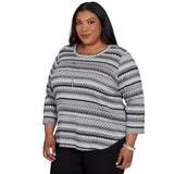 Alfred Dunner Textured Stripe Knit Top with Necklace - Grey - Plus