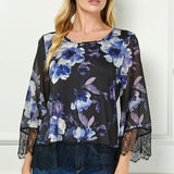 3/4 Flare Lace Trim Sleeve Scoop Neck Peekaboo Lace Trim Lining Mix Media Blouse