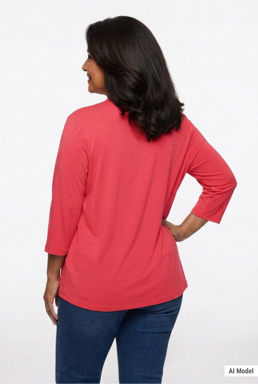 Back view of a woman wearing a coral red 3/4-sleeve solid cardigan with a relaxed fit, paired with dark blue jeans.