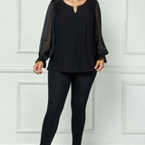 Long Ruffle Sleeve Cutout Removable Trim Fromt Boat Neck Mix Media Blouse - Plus