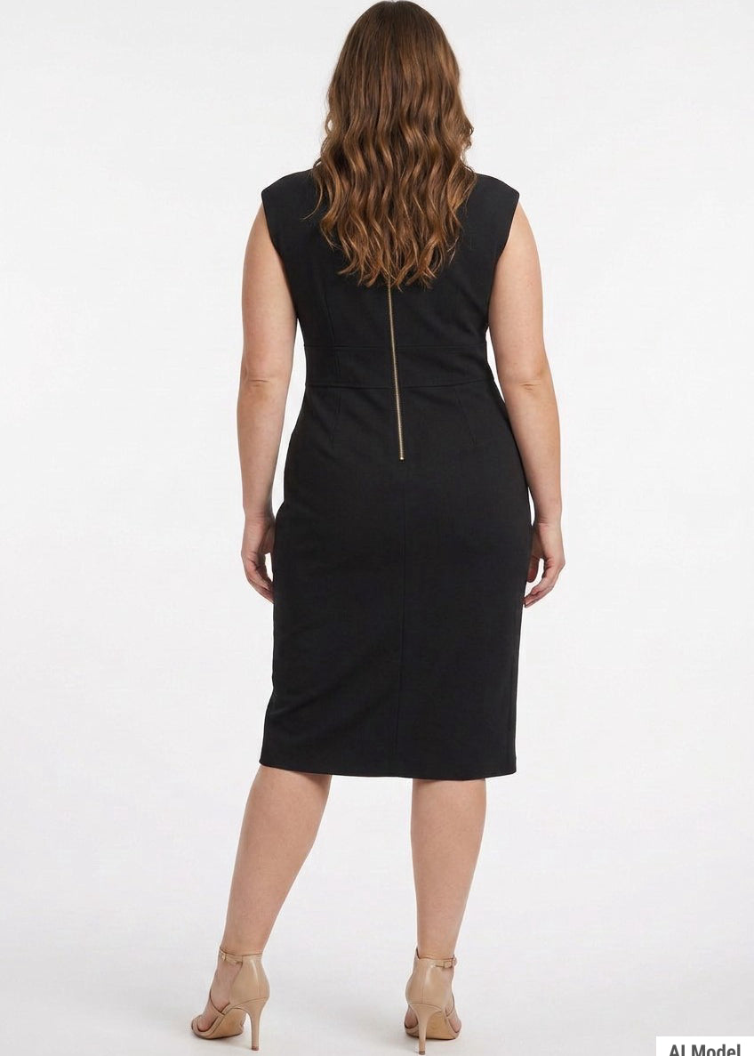 Plus-size model wears black sleeveless sheath dress with gold back zipper, knee-length, rear view; paired with nude strappy