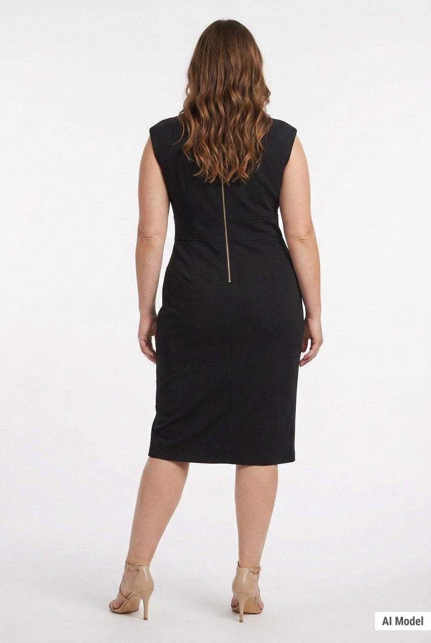 Plus-size model wears black sleeveless sheath dress with gold back zipper, knee-length, rear view; paired with nude strappy