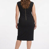 Plus-size model wears black sleeveless sheath dress with gold back zipper, knee-length, rear view; paired with nude strappy