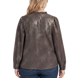 NY Collection Plus Size Long Sleeve V Neck Blouse With Metallic Print