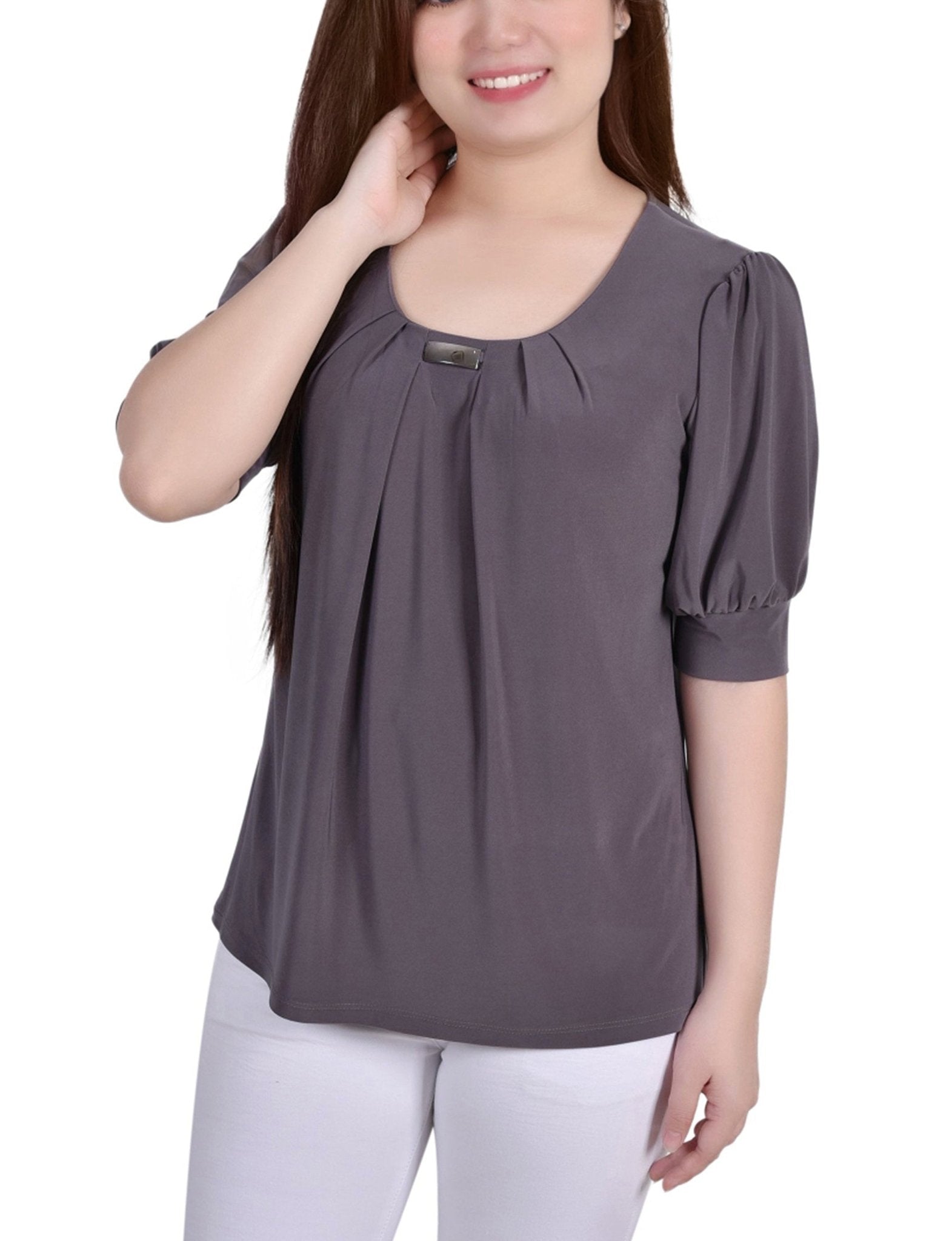 Charcoal Short Sleeve Balloon Sleeve Top With Hardware - DressbarnBlouses