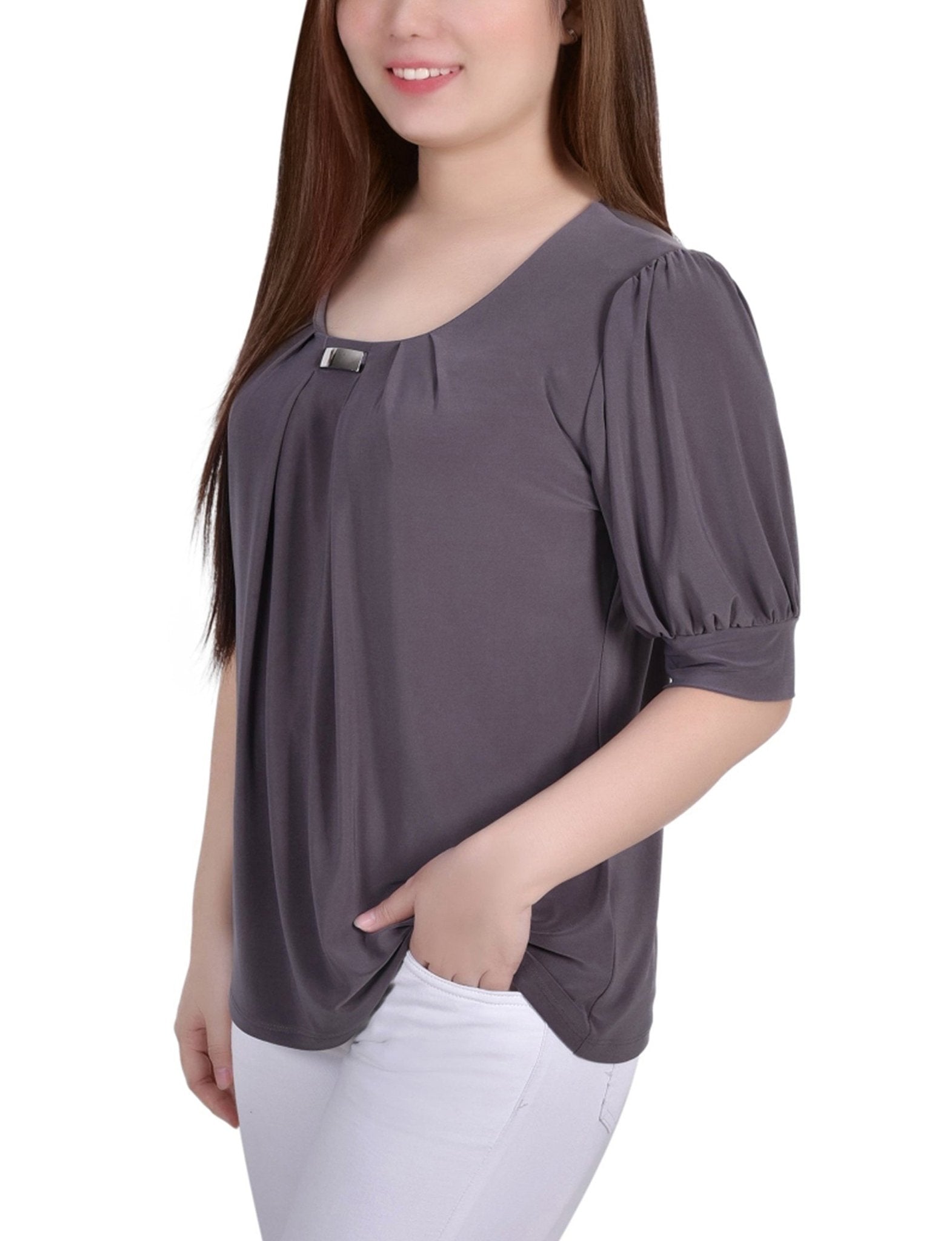 Charcoal Short Sleeve Balloon Sleeve Top With Hardware - DressbarnBlouses