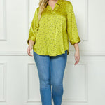 Chartreuse 3/4 Notch Sleeve Johnny Collar Button Front Top - Plus - DressbarnShirts & Blouses