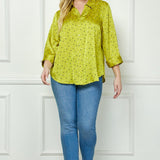 Chartreuse 3/4 Notch Sleeve Johnny Collar Button Front Top - Plus - DressbarnShirts & Blouses