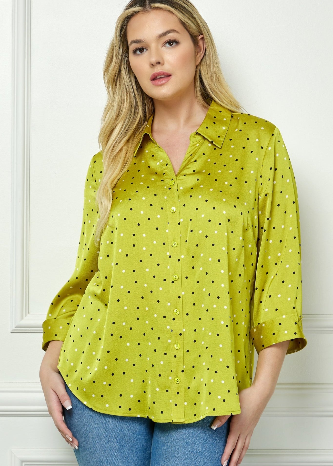 Chartreuse 3/4 Notch Sleeve Johnny Collar Button Front Top - Plus - DressbarnShirts & Blouses