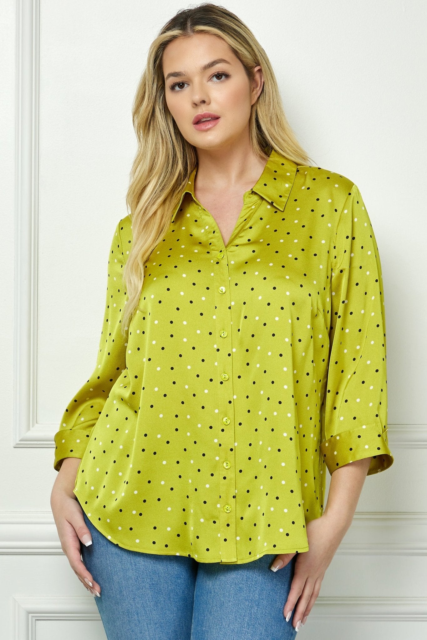 Chartreuse 3/4 Notch Sleeve Johnny Collar Button Front Top - Plus - DressbarnShirts & Blouses