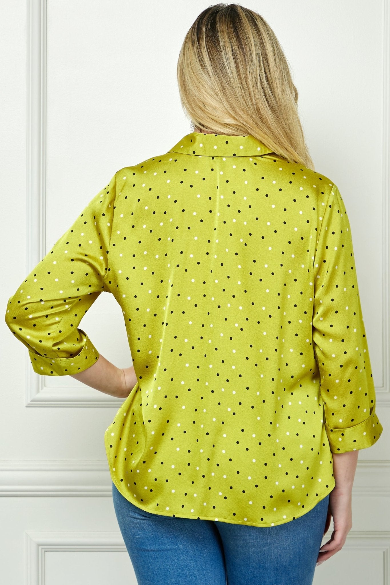 Chartreuse 3/4 Notch Sleeve Johnny Collar Button Front Top - Plus - DressbarnShirts & Blouses