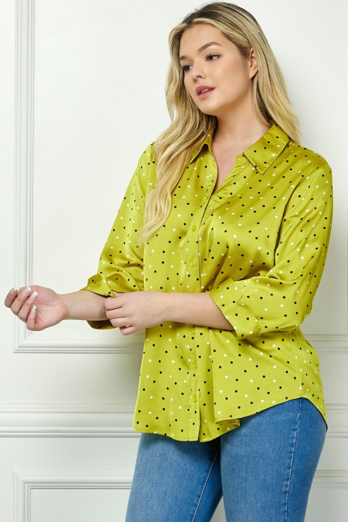 Chartreuse 3/4 Notch Sleeve Johnny Collar Button Front Top - Plus - DressbarnShirts & Blouses